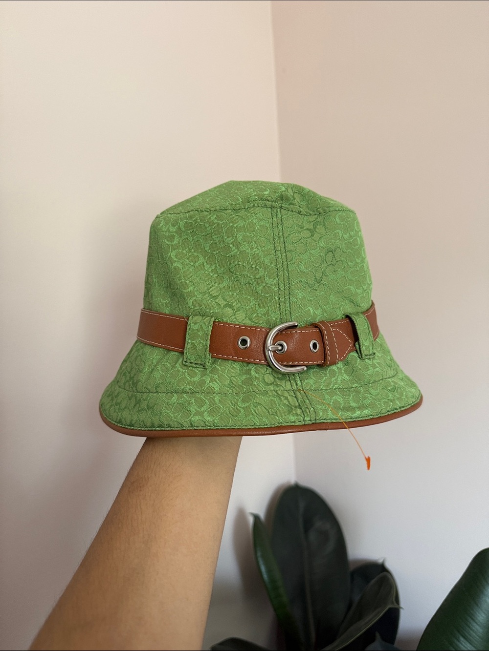Coach Green Bucket Hat with Brown Leather Belt